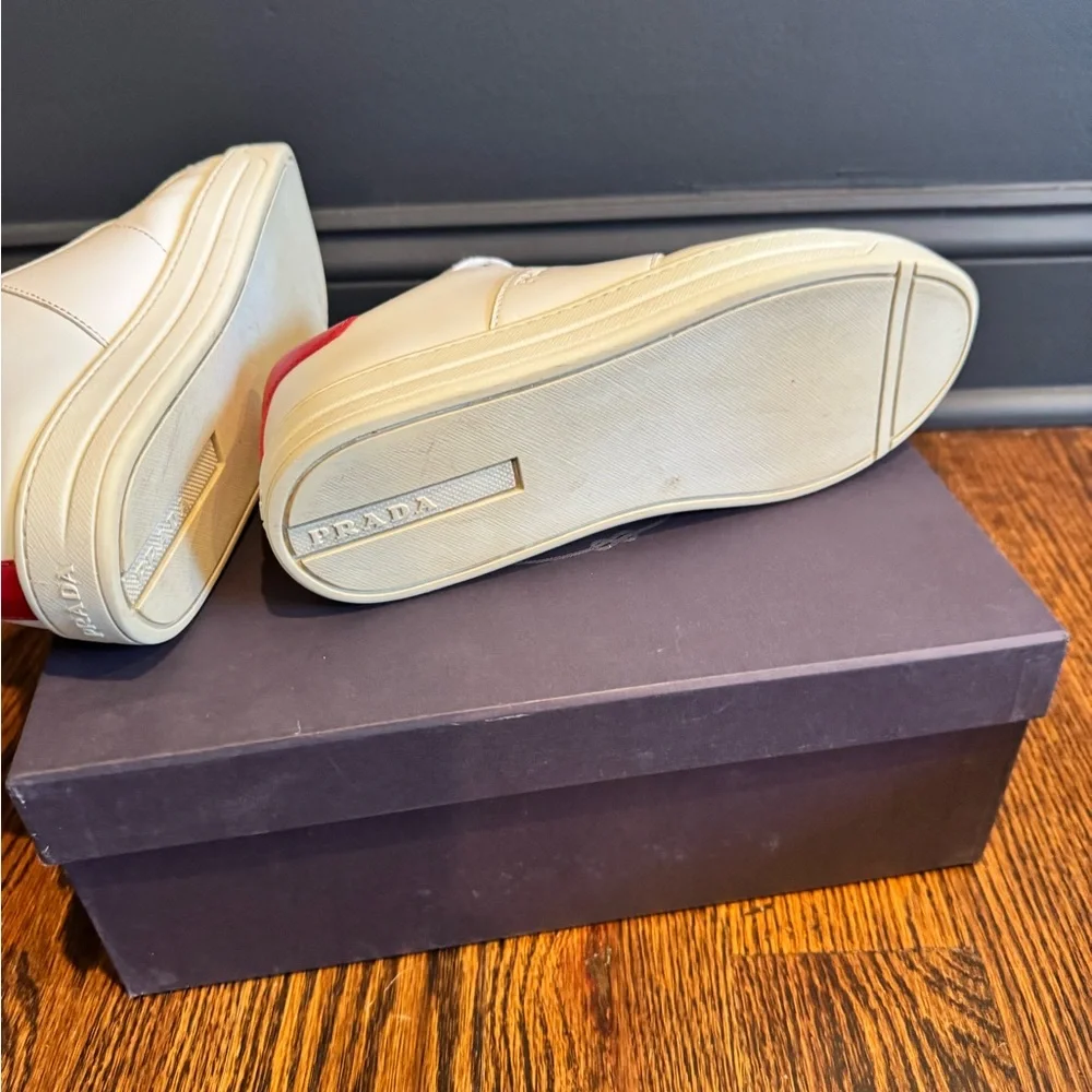 Prada White Leather Low-Top Sneakers with Red Heel - Picture 4 of 5